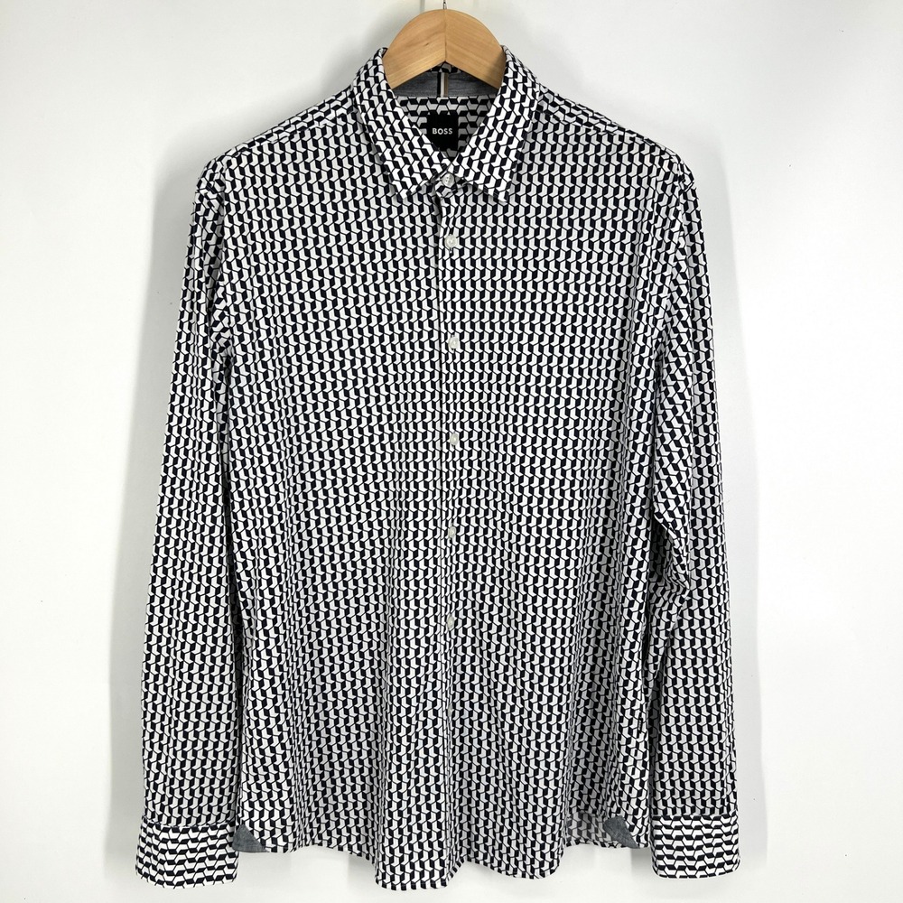 Hugo Boss Lukas_53F Geometric Print Shirt Mens XL Regular Fit Navy White Jersey